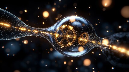 Elegant close-up of circadian clock within human cell, glowing golden gears, intricate neuron links, soft light waves surrounding, representing natural rhythms