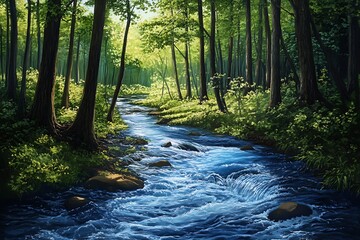 Obraz premium A serene forest scene with a flowing river, showcasing nature's beauty and tranquility.