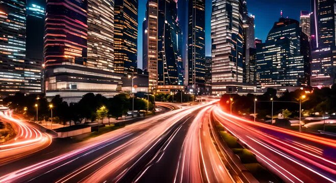 A Vibrant Cityscape At Night With Glowing Skyscraper Lights And Streaks Of Car Headlights On A Busy Avenue The Sky Is Dark And Clear Speeding Timelapse + Gen 2 Preview