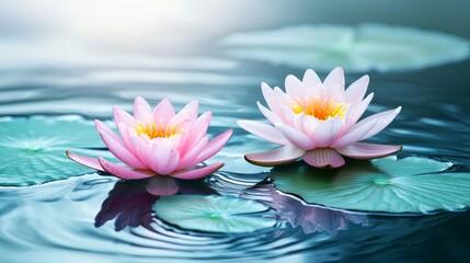 Elegant pink water lilies in full bloom on a reflective pond, delicate petals catching sunlight, smooth water ripples, rich green leaves, tranquil ambiance