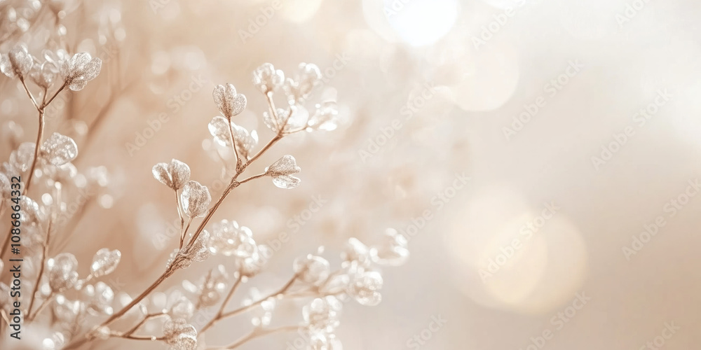 Poster closeup of snow covered branches on a background with bokeh lights. abstract festive background. ima