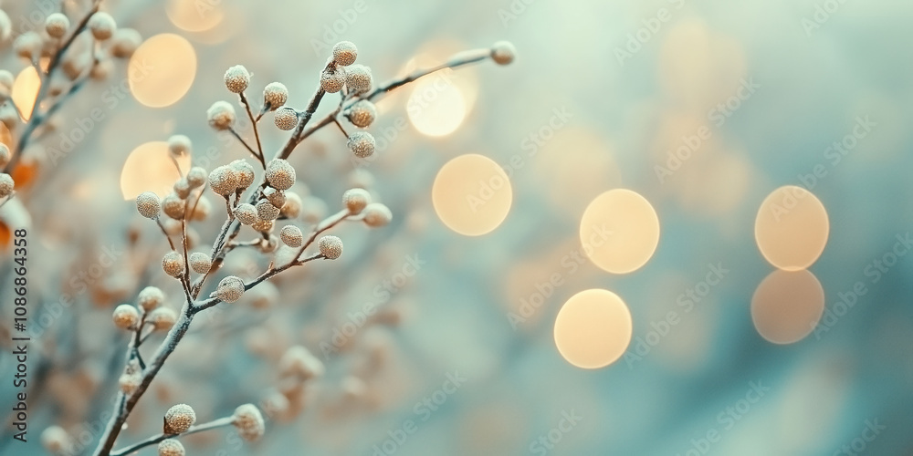 Poster closeup of snow covered branches on a background with bokeh lights. abstract festive background. ima