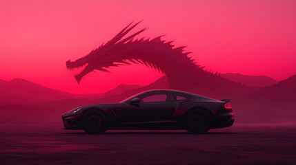 Luxury car speeds past dragon-shaped building, highlighting power, speed, prestige