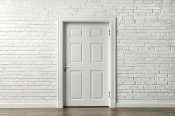 White wooden door on a white brick wall - Powered by Adobe