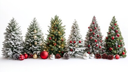 Fototapeta premium Festive Christmas Trees Isolated on a Pure White Background.Concept of Christmas, holiday season, winter, festivity, tradition, and joy，Christmas decorations, retail, e-commerce, greeting cards, and h