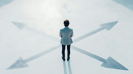 Obraz premium A man stands in front of a white arrow pointing to the left