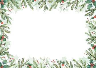 Christmas vector greenery fir branches rectangle frame. Borders for holiday greeting card and invitation. Watercolour Illustration. Hand painted winter plants. Xmas template.