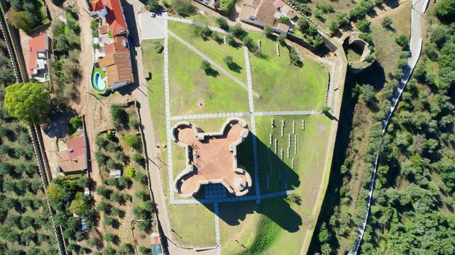 Descending over Evoramonte castle revealing the landscape Estremoz.Portugal