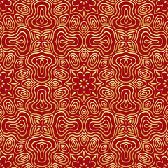 Festive artistic red background, tribal design cover, banner. Geometric gold 3D pattern, embossing. Elegant ornaments, arabesques, mandala of the East, Asia, India, Mexico, Aztec, Peru. Ethnic print.