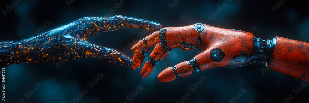 Poster human and ai robot hands connecting in digital transformation and blockchain network