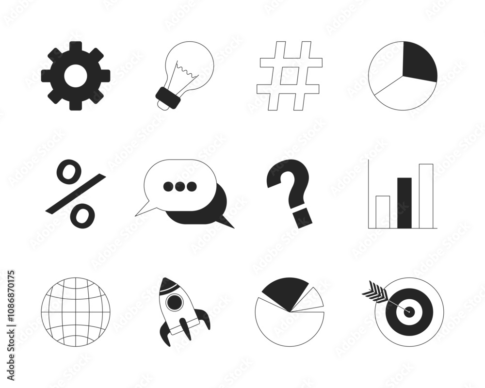 Poster business management app ui design black and white 2d line objects set. digital startup boosting mode