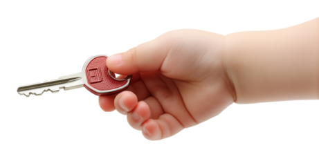 Child's hand holding a metallic key with a red textured head. Close-up image with a focus on the hand and key, isolated on a white background.

