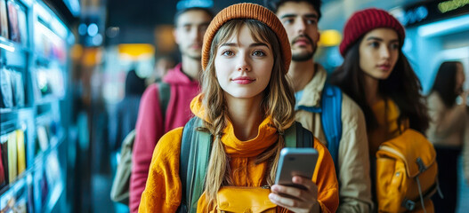 Obraz premium Tourists Using Mobile Devices for Language Translation While Traveling Abroad