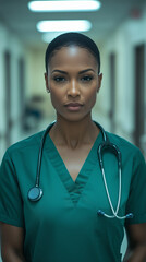 African American female nurse in her mid-30s with short hair, wearing green scrubs and a stethoscope
