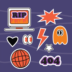 Set of flat design stickers with computer, eyes, stars and hearts. Flat illustration set on purple background