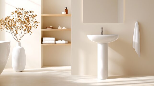 Contemporary tiny bathroom, pedestal sink with minimal fixtures, slender floating shelves for storage and decor, calming color palette