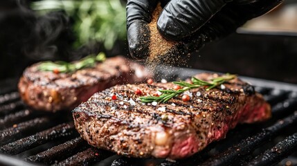 Close-up of Seasoned Steak on a Grill with Smoke and Rosemary