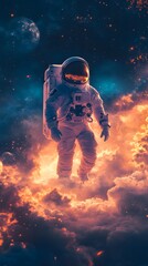 An astronaut floats through a colorful cosmic landscape of clouds and stars.