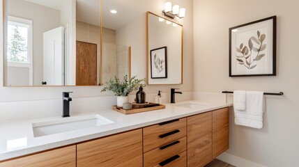 Cozy bathroom, wood-veneer cabinet with washbasin, soft recessed lighting, framed art