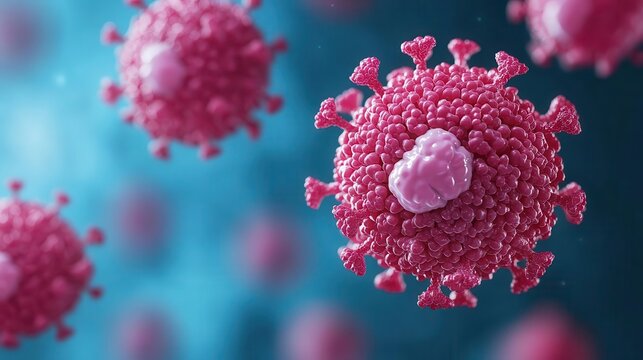 3D Virus Disease: Mumps, Microscopic view of virus cells, showcasing intricate details and vibrant colors against a blurred background.
