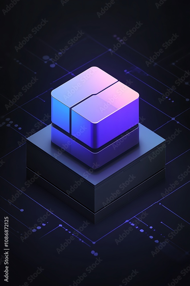 Poster futuristic 3d cube design radiating neon lights on a dark background with circuit patterns for techn
