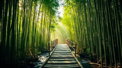 A wooden bridge leading into a dense bamboo forest with the morning sun shining through the leaves