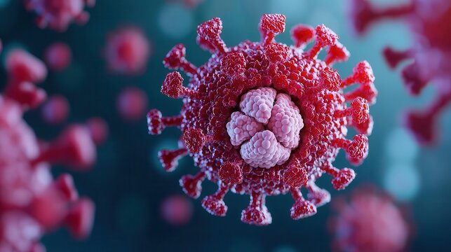 3D Virus Disease: Mumps, Microscopic view of virus cells, showcasing intricate details and vibrant colors against a blurred background.