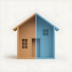 House with a thin white line in the middle separating the interior and exterior. shade of blue and warm beige hue.