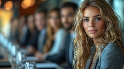Portrait of a confident businesswoman in a meeting, with colleagues blurred in the background