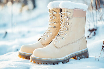 Stylish beige winter boots standing on fresh snow in sunny winter forest