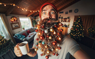 Man with a festively decorated beard takes a quirky holiday selfie at home.
