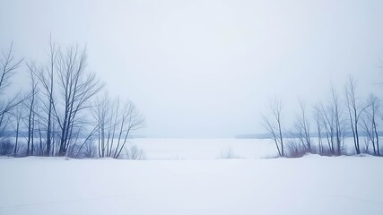 Obraz premium Winter landscape with bare trees silhouetted against a misty sky and a frozen lake in the distance.