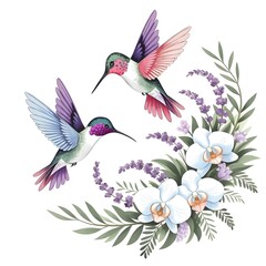 Obraz premium Stunning illustration featuring two elegant hummingbirds with intricate wings