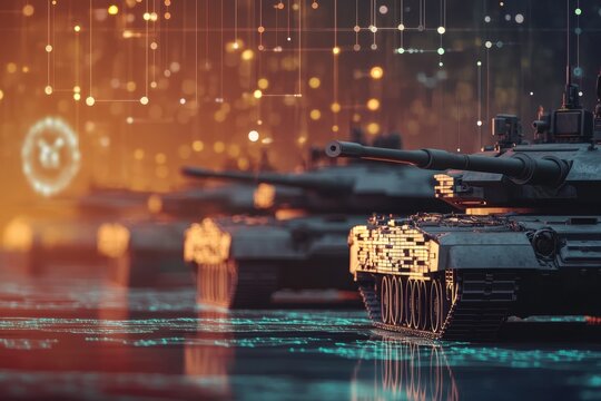 Military tanks lined up on a futuristic battlefield illuminated by glowing digital patterns