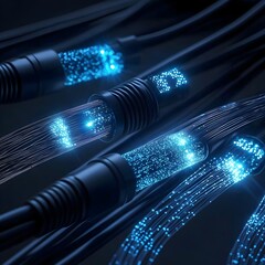 Close-Up of Fiber Optic Cables Illuminated with Glowing Blue Lights, Showcasing Intricate Design and Modern Technology in a High-Definition Image