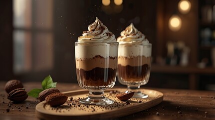 Tiramisu in a glass with layered cream and cocoa powder