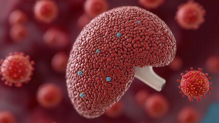 Fototapeta premium 3D Virus Disease: Close-up liver model with visible virus particles, hepatitis infection, 3D illustration