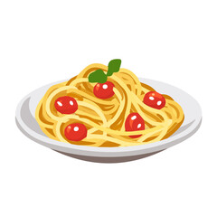 Simple flat 2D illustration of a spaghetti carbonara with tomato on plate isolated on a white background, vector 2D design, icon, flat 2d illustration art