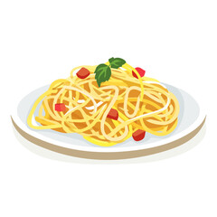 Simple flat 2D illustration of a spaghetti carbonara on plate with tomato and basil isolated on a white background, vector 2D design, icon, flat 2d illustration art
