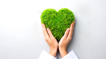 A pair of hands gently holds a heart-shaped clump of green grass, symbolizing love for nature and environmental care.