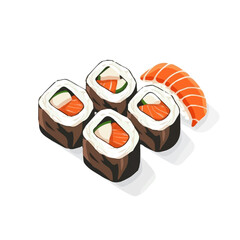 Simple flat 2D illustration of a spicy salmon sushi roll set isolated on a white background, vector 2D design, icon, flat 2d illustration art, flat icon