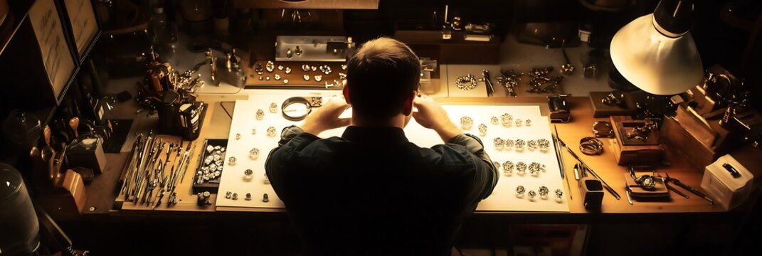 A male jewelry designer meticulously crafting pieces in a dimly lit studio filled with tools and materials. - Powered by Adobe
