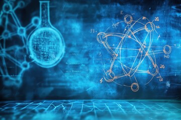 Abstract scientific background featuring a laboratory flask and complex network diagrams