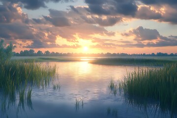 A serene sunset over a tranquil waterway, surrounded by lush grass and reflective clouds.