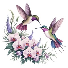 Obraz premium Stunning illustration featuring two elegant hummingbirds with intricate wings