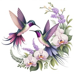 Obraz premium Stunning illustration featuring two elegant hummingbirds with intricate wings