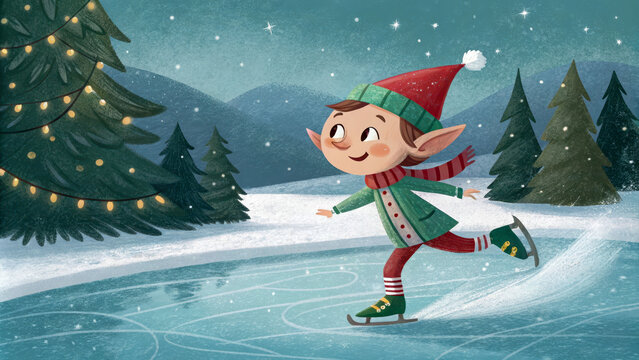 A cheerful elf is skating on a rink, Christmas evening
