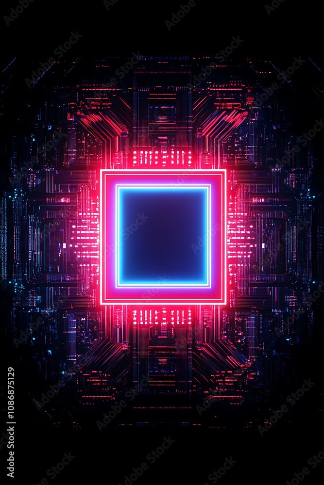 Poster futuristic digital frame with neon lights in a dark tech background featuring circuit patterns and a
