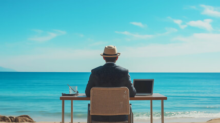 Rear view of a businessman wearing suit and a hat sitting at an outdoor desk with a laptop looking sea view. Seaside location. Business and travel leisure concept