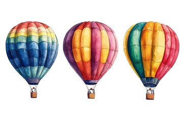 Fototapeta premium Watercolor illustration of three colorful hot air balloons, perfect for travel, adventure, and whimsical designs. These vibrant balloons are isolated on a white background for easy use.